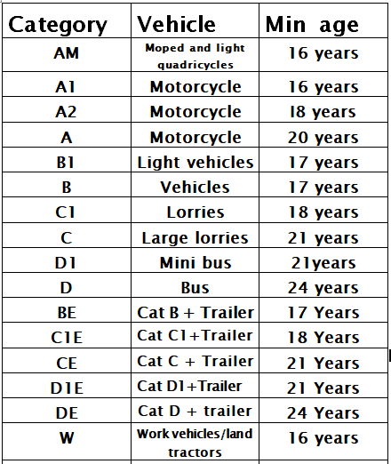 categories of licence in ireland